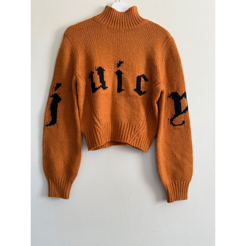 Juicy Couture Y2K Women Cropped Mock Neck Chunky Knit Logo Sweater Size S Gothic